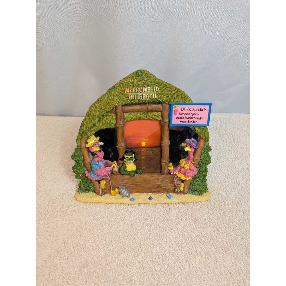 Tropical Flamingo & Frog Tiki Hut Beach Scene Picture Frame Desk Decor
